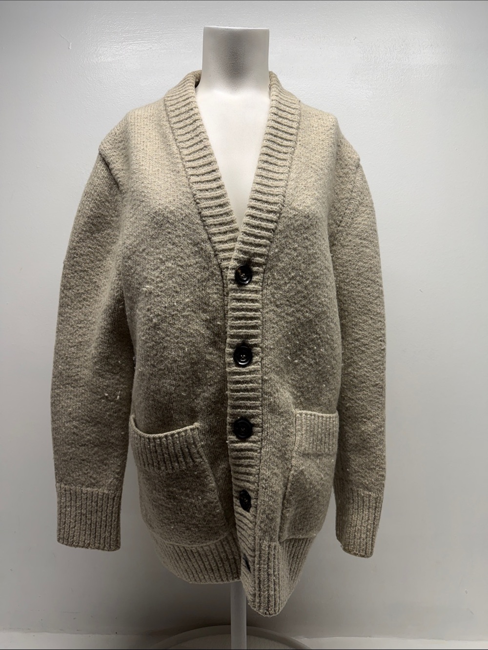Paolo Pecora Cardigan Sweater V Neck Knit Ribbed Pure Wool Pockets Beige Large